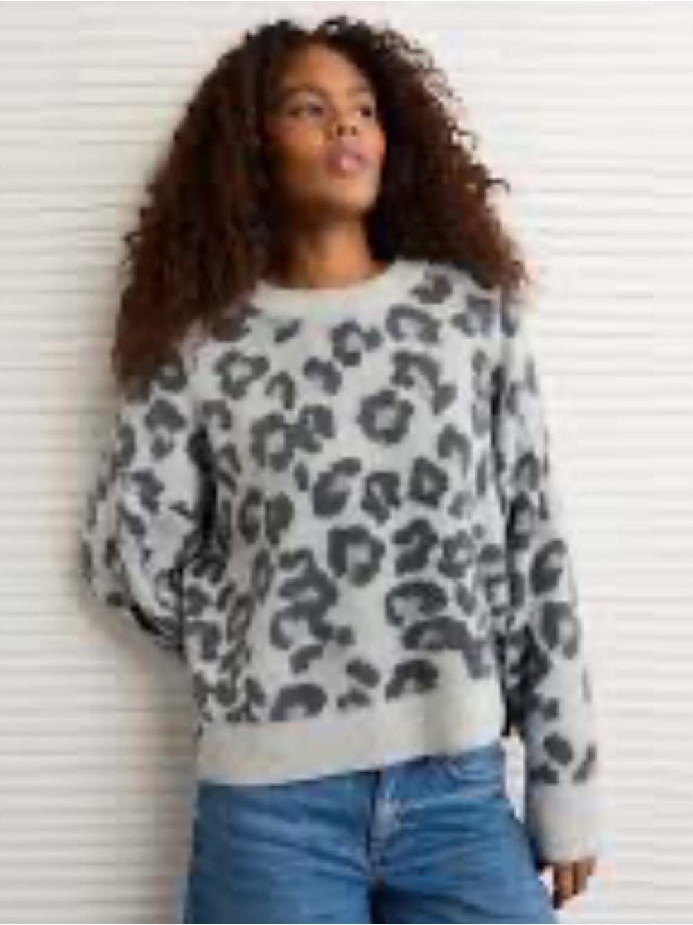 American Eagle Outfitters Gray Leopard Crewneck Sweater